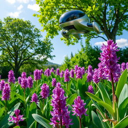A serene pond filled with vibrant Water Hyacinth flowers in bloom, showcasing their rich purple and green hues