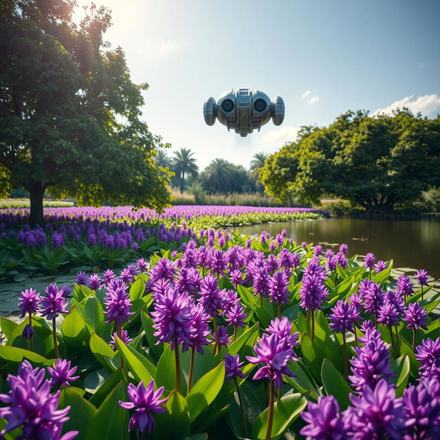 A serene pond filled with vibrant Water Hyacinth flowers in bloom, showcasing their rich purple and green hues