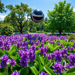 A serene pond filled with vibrant Water Hyacinth flowers in bloom, showcasing their rich purple and green hues
