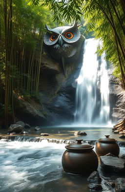 A serene landscape featuring a flowing river nestled between lush green trees and tall bamboo