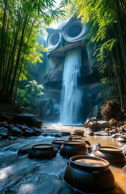 A serene landscape featuring a flowing river nestled between lush green trees and tall bamboo