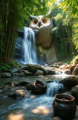 A serene landscape featuring a flowing river nestled between lush green trees and tall bamboo