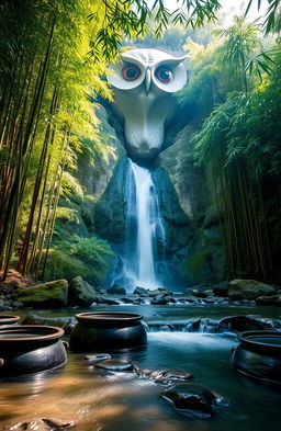 A serene landscape featuring a flowing river nestled between lush green trees and tall bamboo