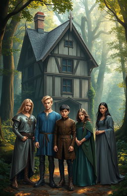 A medieval forest background featuring an old, enchanting house, surrounded by lush trees and soft, dappled sunlight