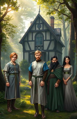 A medieval forest background featuring an old, enchanting house, surrounded by lush trees and soft, dappled sunlight