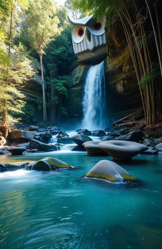 A scenic landscape featuring a flowing river nestled between tall trees and densely packed bamboos