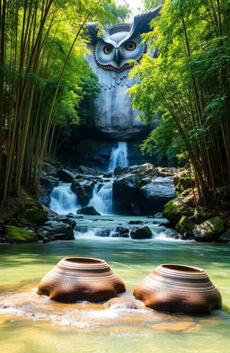 A scenic landscape featuring a flowing river nestled between tall trees and densely packed bamboos