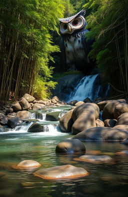 A scenic landscape featuring a flowing river nestled between tall trees and densely packed bamboos