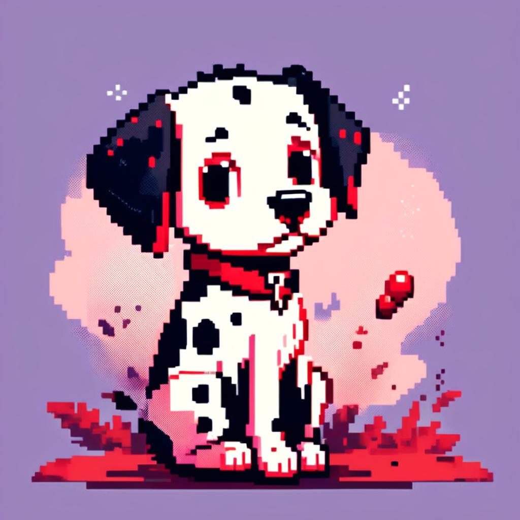 Pixel art PFP of a playful Dalmatian with a white and black spotted coat, expressive brown eyes, and a wagging tail against a gradient red background