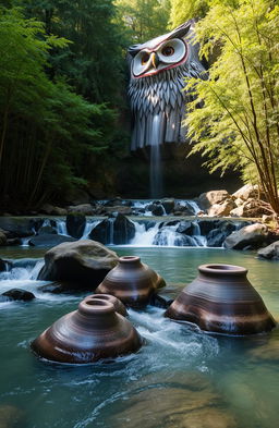 A scenic landscape featuring a flowing river nestled between tall trees and densely packed bamboos