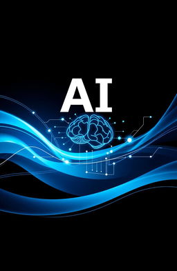 A sleek and modern AI-themed cover page design, featuring futuristic abstract shapes and lines representing data flow and neural networks, a vibrant blue and black color palette, with smooth gradients and geometric patterns