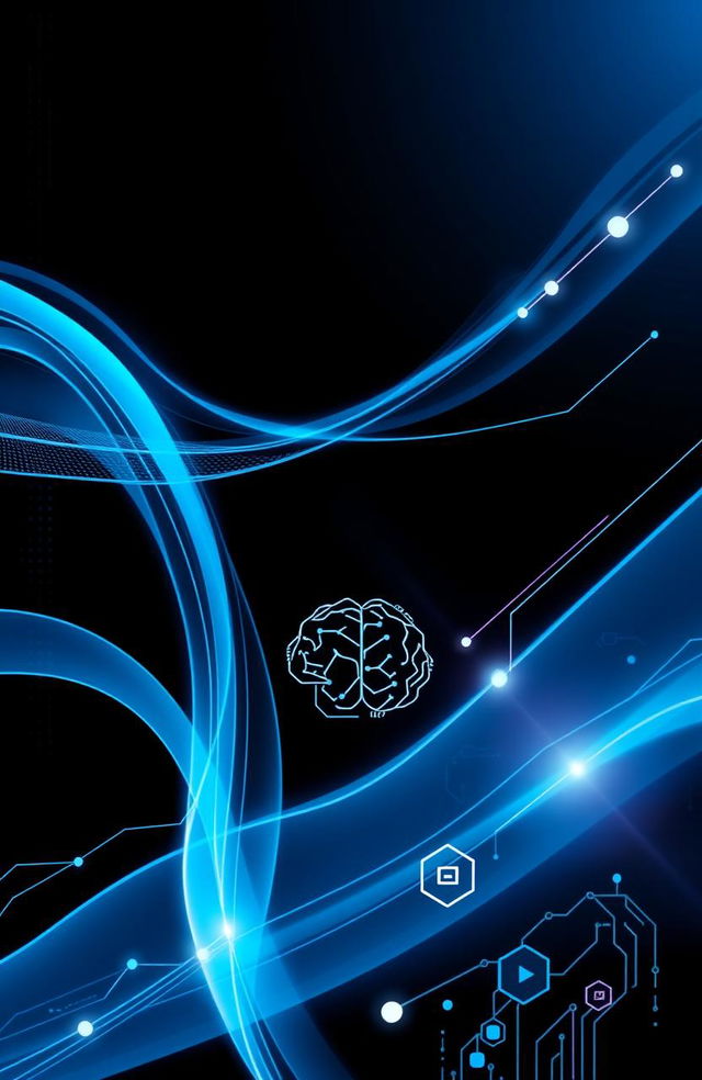 A sleek and modern AI-themed cover page design, featuring futuristic abstract shapes and lines representing data flow and neural networks, a vibrant blue and black color palette, with smooth gradients and geometric patterns