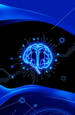 A sleek and modern AI-themed cover page design, featuring futuristic abstract shapes and lines representing data flow and neural networks, a vibrant blue and black color palette, with smooth gradients and geometric patterns
