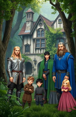 A medieval forest setting featuring an old, enchanting house amidst lush greenery