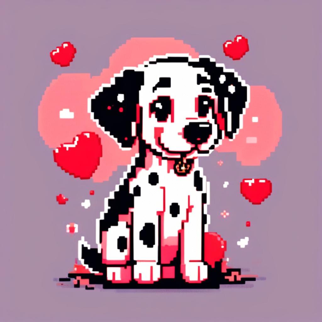 Pixel art PFP of a playful Dalmatian with a white and black spotted coat, expressive brown eyes, and a wagging tail against a gradient red background