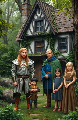 A medieval forest setting featuring an old, enchanting house amidst lush greenery