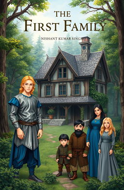 A medieval forest scene featuring an enchanting old house surrounded by trees and lush greenery