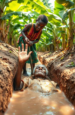 An old African man lying in a trench filled with muddy water, his hand lifted up in a gesture of asking for help