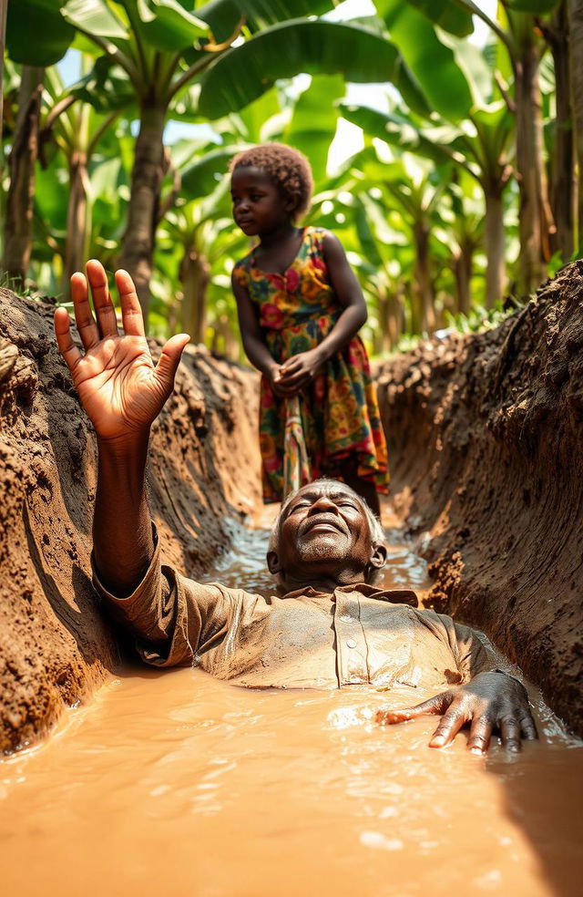 An old African man lying in a trench filled with muddy water, his hand lifted up in a gesture of asking for help