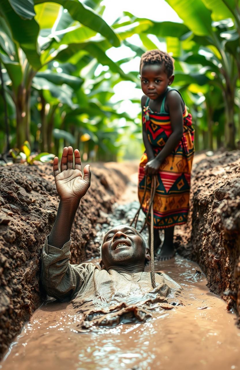 An old African man lying in a trench filled with muddy water, his hand lifted up in a gesture of asking for help