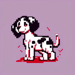 Pixel art PFP of a playful Dalmatian with a white and black spotted coat, expressive brown eyes, and a wagging tail against a gradient red background