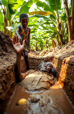 An old African man lying in a trench filled with muddy water, his hand lifted up in a gesture of asking for help