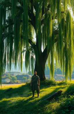 A mystical scene depicting a serene man living alone in nature, under an enormous and enchanting weeping willow tree
