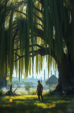 A mystical scene depicting a serene man living alone in nature, under an enormous and enchanting weeping willow tree