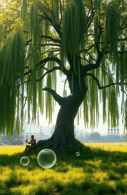 A mystical scene depicting a serene man living alone in nature, under an enormous and enchanting weeping willow tree