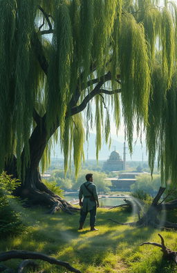 A mystical scene depicting a serene man living alone in nature, under an enormous and enchanting weeping willow tree