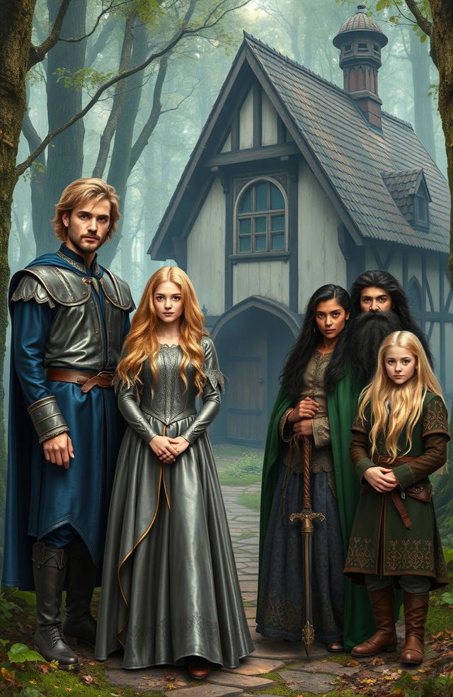 In a mesmerizing medieval forest, an old, enchanting house serves as the backdrop for an extraordinary group of characters