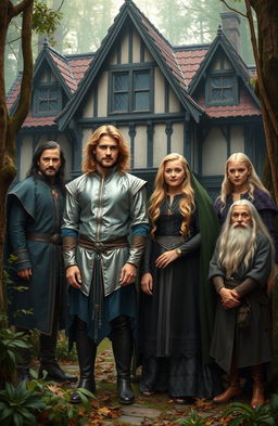 In a mesmerizing medieval forest, an old, enchanting house serves as the backdrop for an extraordinary group of characters