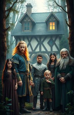 In a mesmerizing medieval forest, an old, enchanting house serves as the backdrop for an extraordinary group of characters