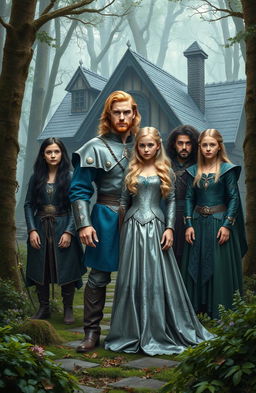 In a mesmerizing medieval forest, an old, enchanting house serves as the backdrop for an extraordinary group of characters