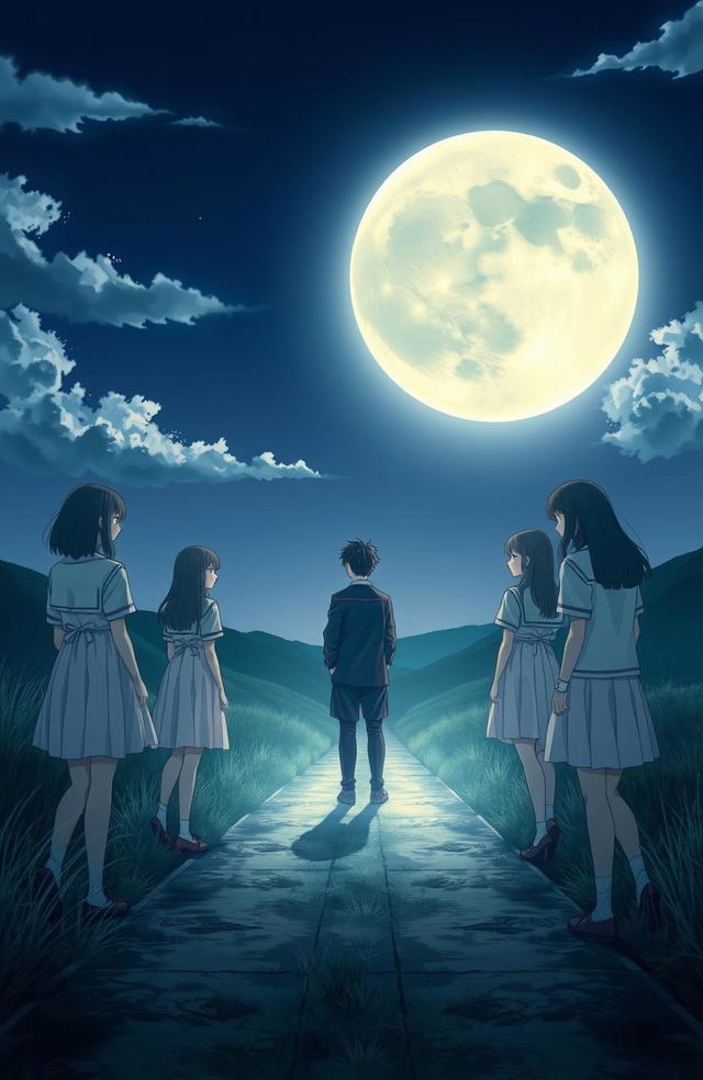 A dramatic scene depicting high school girls and boys separated by a glowing moonlit path