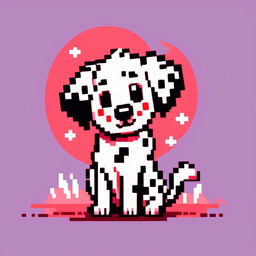 Pixel art PFP of a playful Dalmatian with a white and black spotted coat, expressive brown eyes, and a wagging tail against a gradient red background