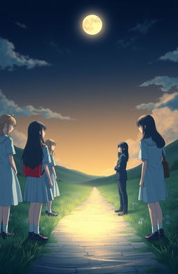 A dramatic scene depicting high school girls and boys separated by a glowing moonlit path