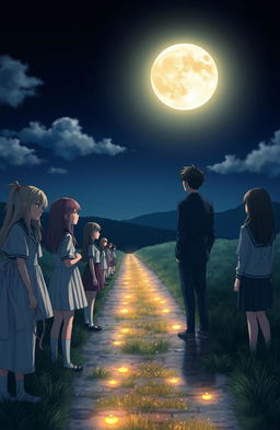 A dramatic scene depicting high school girls and boys separated by a glowing moonlit path