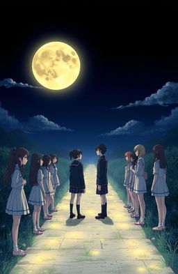 A dramatic scene depicting high school girls and boys separated by a glowing moonlit path
