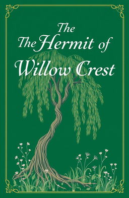 A book cover featuring an emerald green background with the title 'The Hermit of Willow Crest' prominently displayed in elegant, white serif font
