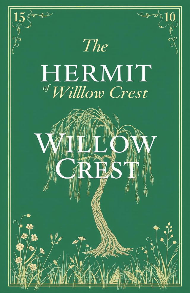 A book cover featuring an emerald green background with the title 'The Hermit of Willow Crest' prominently displayed in elegant, white serif font