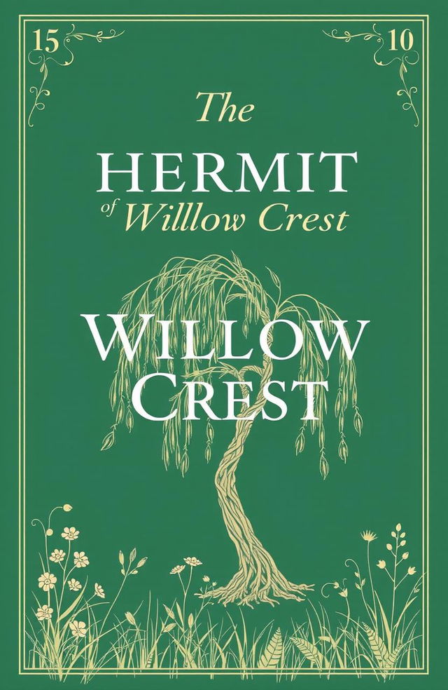 A book cover featuring an emerald green background with the title 'The Hermit of Willow Crest' prominently displayed in elegant, white serif font