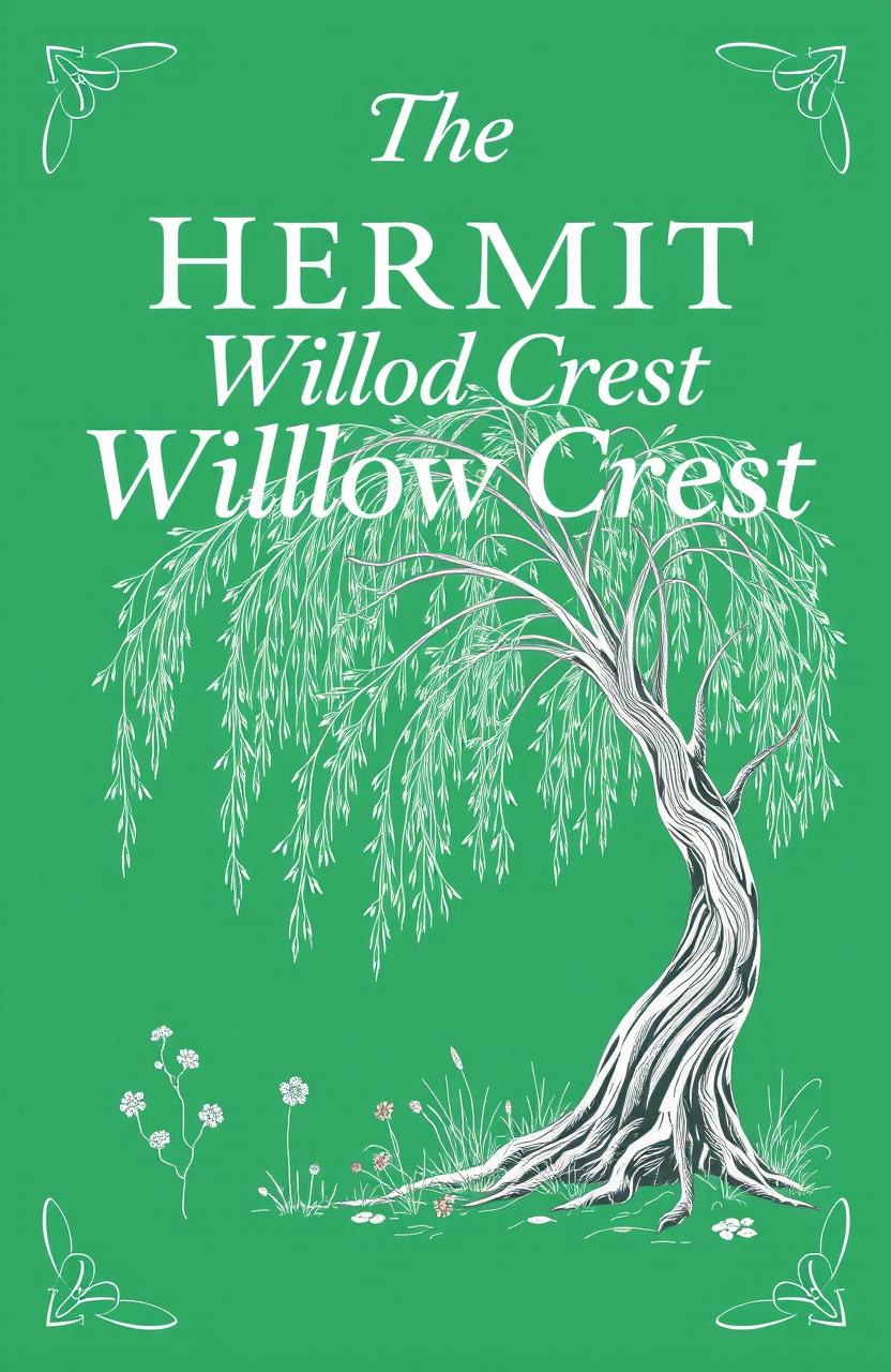 A book cover featuring an emerald green background with the title 'The Hermit of Willow Crest' prominently displayed in elegant, white serif font