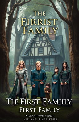 In a mystical medieval forest, an enchanting old house stands as the backdrop, surrounded by tall, ancient trees