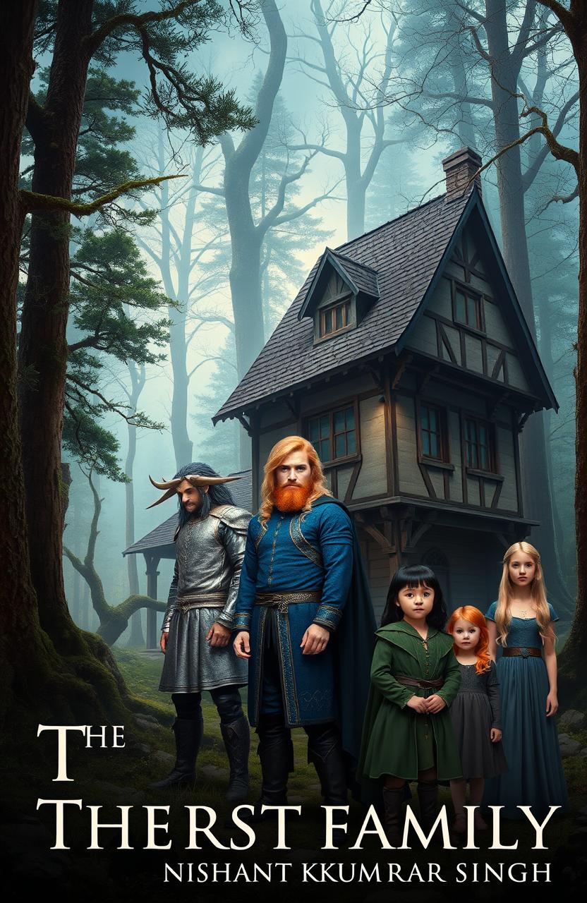 In a mystical medieval forest, an enchanting old house stands as the backdrop, surrounded by tall, ancient trees