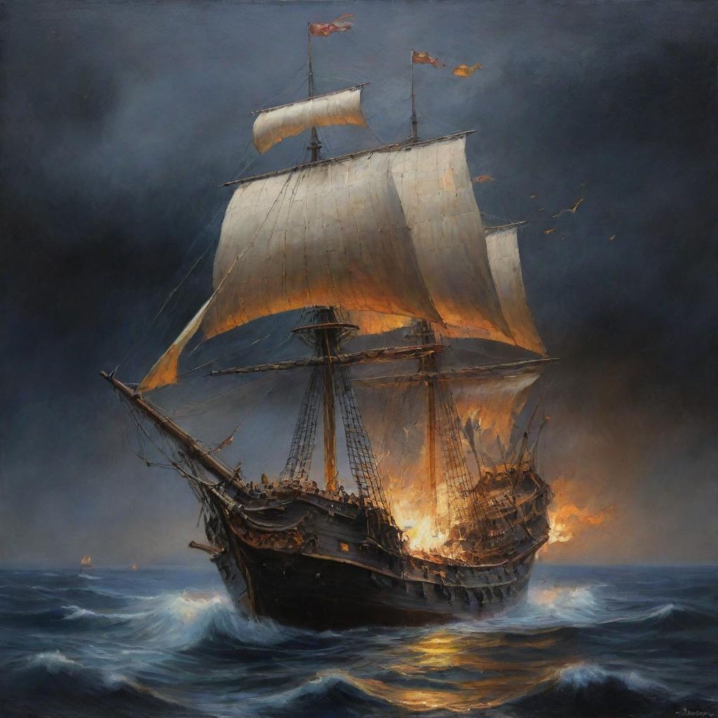 Una pintura al óleo, hacer un galeón Español de madera altamente detallado, con sus filas de cañones en los laterales, con varias velas desplegadas en un mar picado, tormentoso, siendo destruido por un pulpo gigantesco, con cielo nocturno, lluviosos, rayos y relámpagos, enredado su casco con tentáculos de un gran pulpo