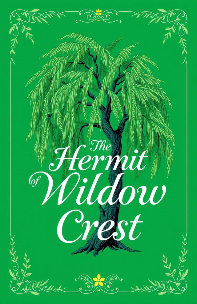 A beautiful emerald green book cover featuring the title 'The Hermit of Willow Crest' prominently displayed in an elegant, flowing typography