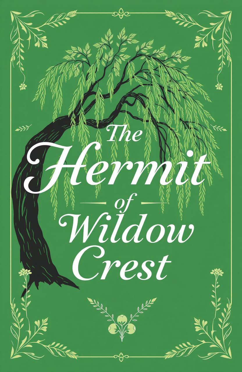 A beautiful emerald green book cover featuring the title 'The Hermit of Willow Crest' prominently displayed in an elegant, flowing typography