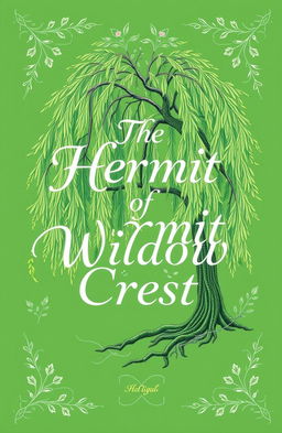 A beautiful emerald green book cover featuring the title 'The Hermit of Willow Crest' prominently displayed in an elegant, flowing typography