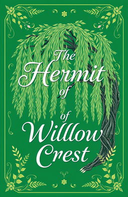 A beautiful emerald green book cover featuring the title 'The Hermit of Willow Crest' prominently displayed in an elegant, flowing typography
